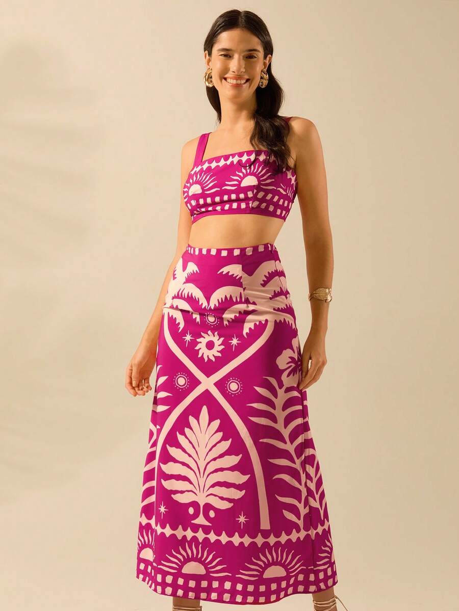 CAJUNI 2 bộ đồ ngủ in hình cây dừa và mặt trời cho kỳ nghỉ hè dành cho nữ và chân váy maxi bó sát, phong cách nhiệt đới Boho - Màu Hồng Tươi - Xem 1