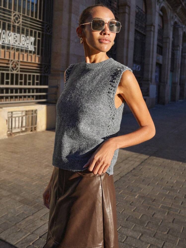SHEIN Maija Sequin Grey Sleeveless Rhinestone Decor Loose Knit Vest Top For Women Crystal Embellished Top Grey Sleeveless Sweater Sleeveless Knit Top Autumn For Women Casual Blouse For Women Party For Elegant Women's Blouses Casual Blouses For Women Grey Tank Top Rhinestone Top