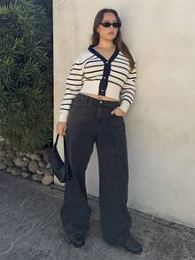 Nezia Cruz Coolmax Damen Jeans in Große Größen mit weitem Bein, locker geschnitten, Taschen - Schwarz - Übersicht 1