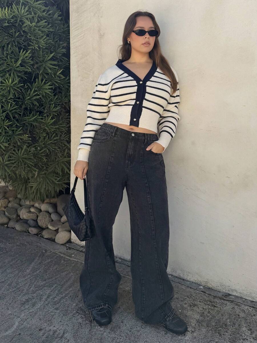 Nezia Cruz Coolmax Damen Jeans in Große Größen mit weitem Bein, locker geschnitten, Taschen - Schwarz - Übersicht 1