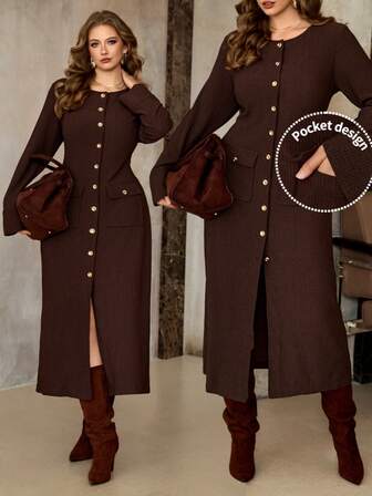 Roveilla 大码女式纹理面料圆领前扣金属腰部开衩口袋连衣裙，优雅法式复古办公室通勤商务连衣裙