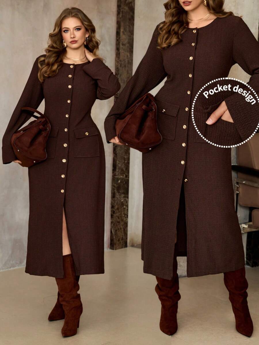 Roveilla Plus Size Chocolate Brown Rib-Knit Midi Dress For Women Casual Round Neck A Line Extra-Long Sleeve Button Up Design - Chocolate Brown - View 1