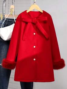 Elegant & Simple Wool Coat For Tween Girls, With Fur Cuffs, Pearl Decorated Buttons, Bow Decor On Chest, Suitable For School, Commuting, Outing, Matching With Long Sleeve Sweater, Pants, Skirt - Red - View 3