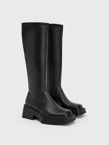 ROMWE Women's Fashion Versatile Commuting Thick Sole Wedge Knee-High Boots For Christmas - Black - View 1