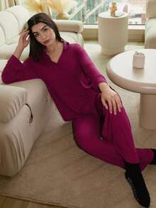 Andrea Bello Ensemble de pyjama femme de loisirs, haut à manches longues et pantalon long, couleur unie, pour la saison automnale et les vacances. Tenue confortable pour l'automne.