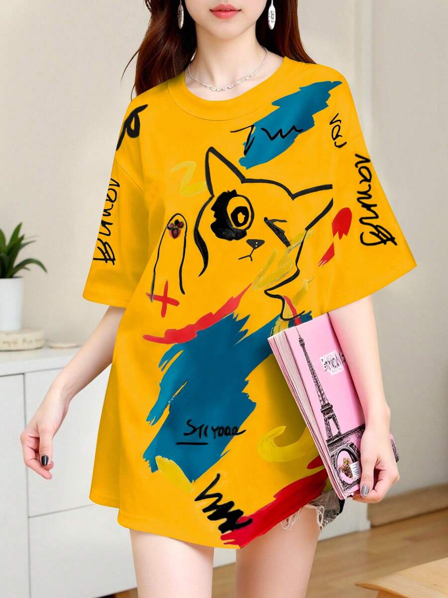 INAWLY Áo thun nữ tay ngắn họa tiết mèo nhiều màu sắc phong cách retro, thoải mái, rộng rãi - Màu vàng - Xem 1