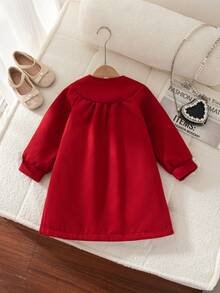 Elladie kids 1pc Girls Kids Winter New 2025 Korean Version Mid-Length Jacket, Round Neck Open Front Loose Fit Long Sleeve, Removable Bow Cuffs & Collar, Elegant Elegant Fashion Street Casual Windbreaker Coat - Red - View 2