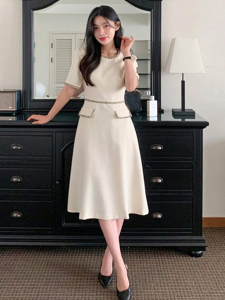 Women's Round Neck Waist Fitted Midi Dress, Elegant For Commuting Sundress