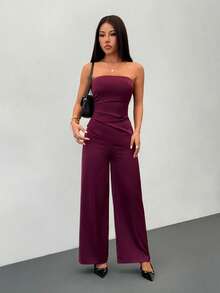 SHEIN PETITE Completo elegante da pendolare in raso bordeaux con orlo asimmetrico e top a tubo, pantaloni ampi e semplici. Completo elegante, nuovo abbigliamento da donna per l'anno nuovo, set elegante da donna, set bordeaux, tailleur marrone, outfit da festa, abiti natalizi, look autunnale da donna, adatto per primavera/estate, San Valentino, banchetti, appuntamenti - Bordò - Visualizzare 3