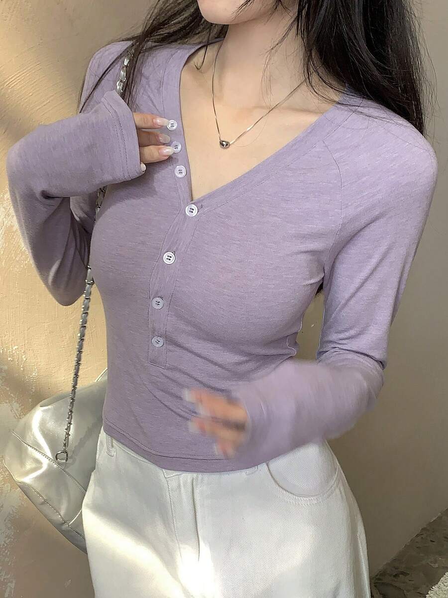 DAZY Women's V-Neck Button Half Placket Fashionable Versatile Long Sleeve T-Shirt - Mauve Purple - View 1