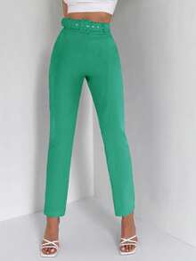 EURMUSE Solid High Waist Belted Suit Pants - Green - View 4