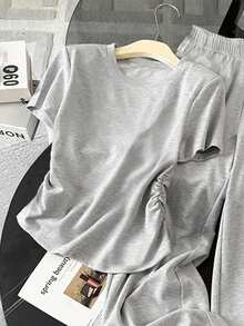 SHEIN Women's Solid Color Round Neck Short Sleeve Ruched T-Shirt And Pants Casual 2-Piece Set - Grey - View 4