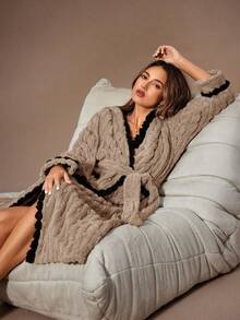 Lazeform Contrast Color Pom Pom Hooded Jacquard Fleece Women Robe Fuzzy, Fluffy Long Robe Winter, Cozy - Khaki - View 5
