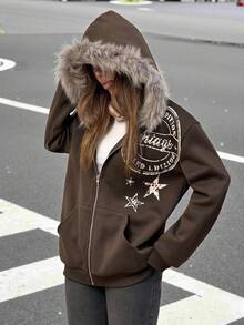 Muchica Women's Simple Printed Fleece Hoodie, Casual Daily Sweatshirt,Long Sleeve Tops In Fall/Winter - Brown - View 1