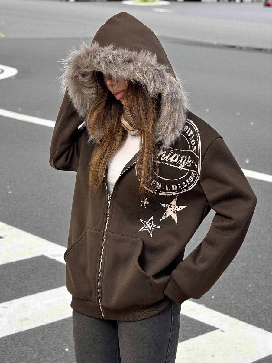 Muchica Women's Simple Printed Fleece Hoodie, Casual Daily Sweatshirt,Long Sleeve Tops In Fall/Winter - Brown - View 1