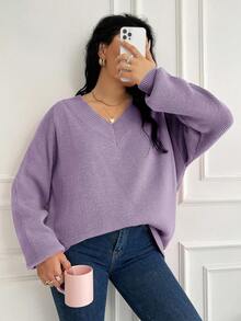 EURMUSE Plus Size Women's Solid V-Neck Long Sleeve Loose Casual Pullover Sweater - Lilac Purple - View 5