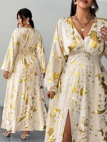 Elenzga Plus Size Elegant Gold Foil V-Neck Split Hem Maxi Dress,Beige Autumn Long Sleeve Silk Floral Wrap Caftan For Wedding,Curve Resort Wear Summer Dresses - Apricot - View 5