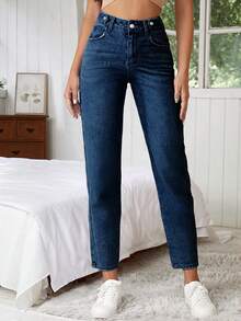 SHEIN Tall 高腰纽扣细节妈妈牛仔裤 - 深色水洗藍 - 查看 3