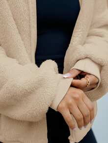 SAYEHFBABY 女士纯色蓬松连帽运动衫，秋冬女士厚羊毛连帽衫 - 駝色 - 查看 3