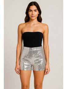 Short Sexy Lentejuelas Premium Brillantes Mujer Corte Alto Ajuste Estilizado Short Dama Ajustable Bolsas - plateado - Ver 4