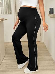 SHEIN 孕妇撞色滚边高腰优雅修身裤 - 黑色 - 查看 3