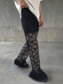 FRIFUL Pantalones casuales rectos de cintura elástica de unicolor, de tela de encaje transparente, versátiles para otoño/invierno - Negro - Ver 3