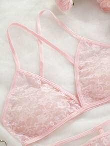 Conjunto de lencería con top corto con tirantes finos y espalda descubierta con cruce y tanga para mujer - Rosa - Ver 5