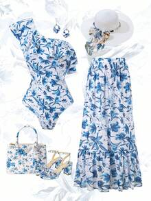 Swim Oasis 1pc Women's One-Piece Swimsuit + Mesh Skirt Halter Ruffled Elegant Chic Vacation 2-Piece Set, Spring/Summer/Autumn Beach Skirt Set Blue And White Floral Skirt Set Pucci Two Piece Set Women Skirt Women Matching Sets Summer Two Piece Skirt Set Summer Filipiniana Bathers - Blue and White - View 2