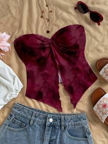 Soleia 女士休闲优雅扭结不对称下摆抹胸上衣，扎染印花，安哥拉红 - 彩色 - 查看 8