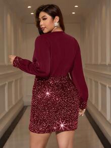 SHEIN Clasi 大码纯色V领亮片拼接优雅长袖连衣裙 - 酒紅色 - 查看 3