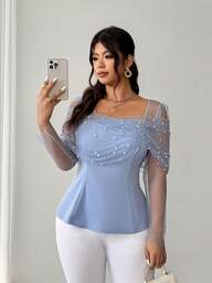 Elenzga Plus Size Women's Elegant Romantic Luxurious Pearl Decor Mesh Long Sleeve Blouse, Spring/Autumn