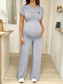 2 piezas Conjunto casual de maternidad con cuello redondo, manga corta, ajustado y fruncido, transpirable - Gris - Ver 3