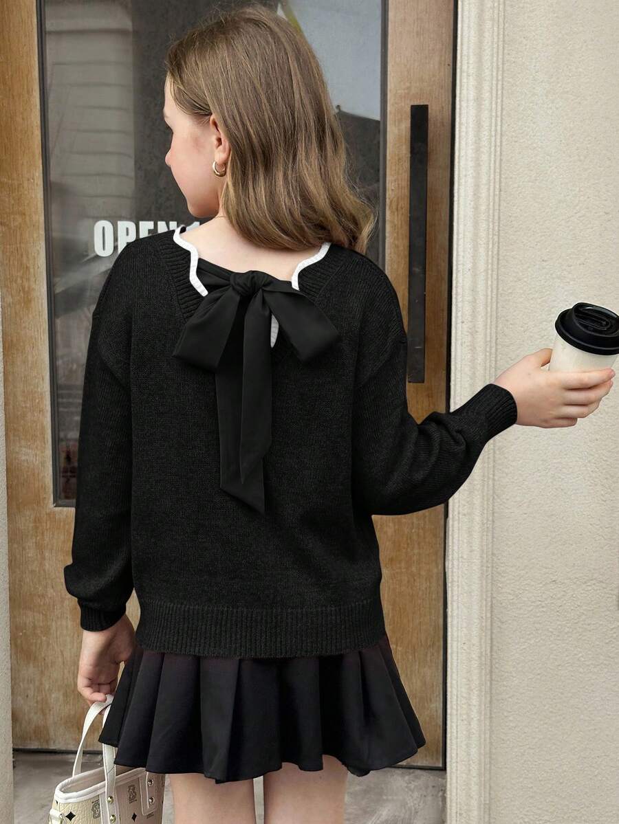 SHEIN Tween Girl Black And White Elegant Knit Wavy Hem V-Neck Bowknot Back Lantern Sleeve Pullover Sweater,Back-To-School Autumn Holiday Casual Fashion - Black - View 1