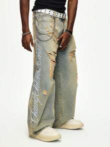 ROMWE MEN Street Life Men's Letter Embroidered Pocket Distressed Washed Slim Fit Jeans - Blue - View 5