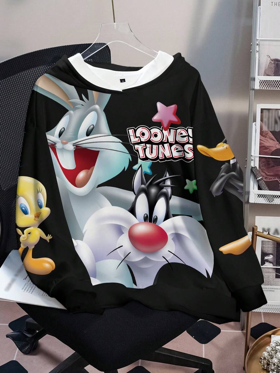 LOONEY TUNES X SHEIN Plus Size Women Casual Street Funny Cartoon Letter & Star Print Drop Shoulder Loose Thermal Lined Sweatshirt, Autumn/Winter - White - View 1