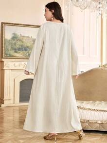 Al Najma Plus Size Elegant Faux Pearl Embroidered Detail Loose Dress, Autumn Kaftan Jalabiya Dress - Apricot - View 2