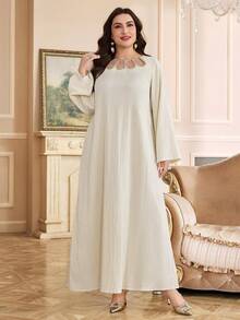 Al Najma Plus Size Elegant Faux Pearl Embroidered Detail Loose Dress, Autumn Kaftan Jalabiya Dress - Apricot - View 3