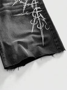 ROMWE MEN Men's Gothic Print Frayed Hem Fashionable Versatile Washed Denim Shorts - Black - View 4