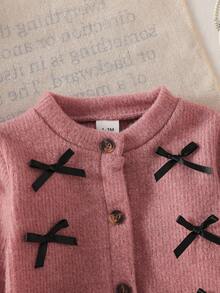 SHEIN Newborn Casual Autumn/Winter Fashion Knitted Bow Jacket And Solid Color Pants Set - Pink - View 5