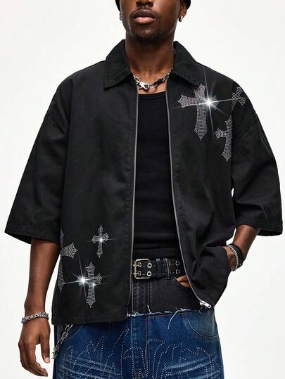 Men's Turndown Collar Zipper Front Cross Rhinestone Decor Fashionable Versatile Denim Jacket