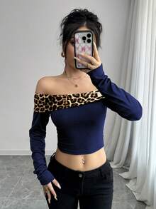 Chiquease Sexy Off-Shoulder Contrast Leopard Print Tee For Women Graphic Cheetah Print Tees Women Tops - Royal Blue - View 5