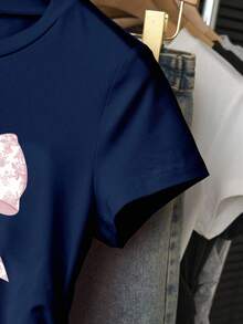 Sparklyn Tween Girls Cute Bow Print Fitted Waist T-Shirt - Navy Blue - View 4