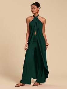Travachic Women's Legend Halter Maxi Top + High Waist Straight Leg Pants 2 Pieces Set, Spring/Summer - Dark Green - View 3