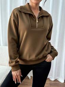 Suéter deportivo de ocio con cordón de bombeo medio abierto para mujeres y sombrero, tejidos sólidos suaves, cómodos y cálidos - Marrón claro - Ver 3