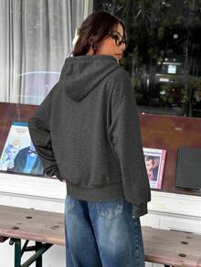 Muchica Áo hoodie dài tay màu xám đậm có khóa kéo phía trước và túi dành cho nữ, thích hợp cho mùa thu/đông. - Màu xám đen - Xem 2