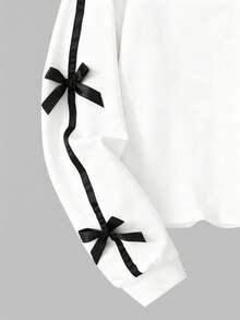 Sparklyn Conjunto de chándal para mujer y adolescente, nuevo para otoño/invierno, sudadera de cuello redondo con estampado digital blanco y lazo negro, pantalones pitillo negros, decoración con lazo blanco, cómodo y ajustado - Blanco - Ver 3