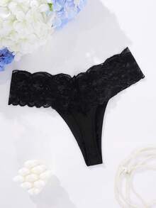SHEIN 女士蕾丝丁字裤性感内衣 - 黑色 - 查看 2