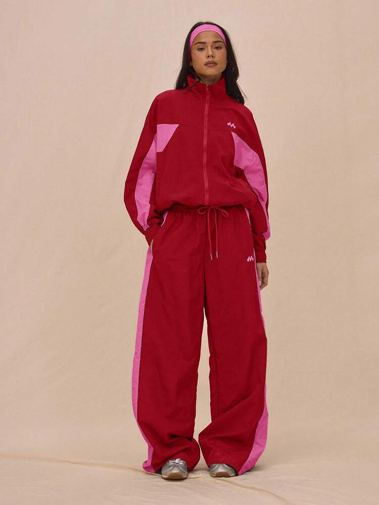 MUSERA Jaqueta de Trilha de Náilon com Colarinho Oversized, Painel de Contraste, Zíper Completo, Apenas Primavera, A Livraria, Oversized, Aeroporto, Esportivo, Festival, Streetwear, Inverno, Volta às Aulas, Loungewear, Dia a Dia, Dia dos Namorados - Vinho - Visão 4