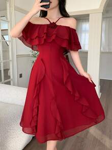 Feyla Vestido elegante de mujer con hombros descubiertos, volantes en el bajo y decoración floral 3D de unicolor - Rojo - Ver 5