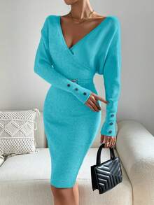 EMERY ROSE Women's Elegant Overlap Collar Batwing Sleeve Sweater Dress, Autumn/Winter